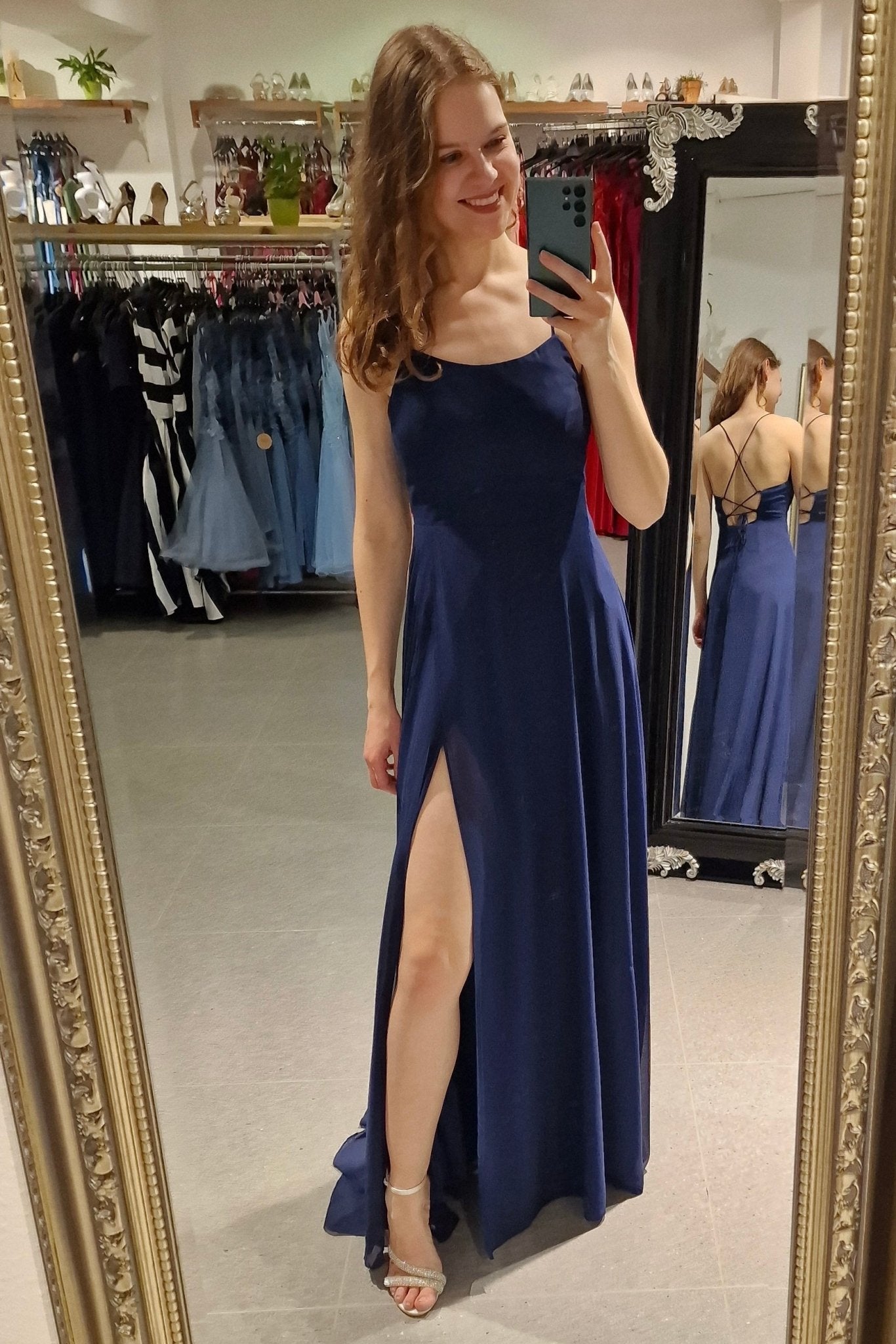 Ballkleid mit Schlitz und Schnürung, marineblau - Dein Kleiderladen