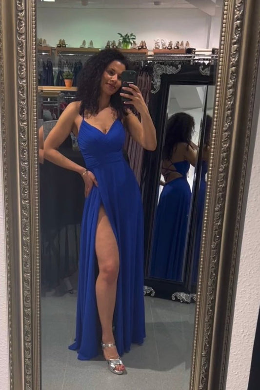 Ballkleid mit Schlitz und tiefer Schnürung, königsblau - Dein Kleiderladen