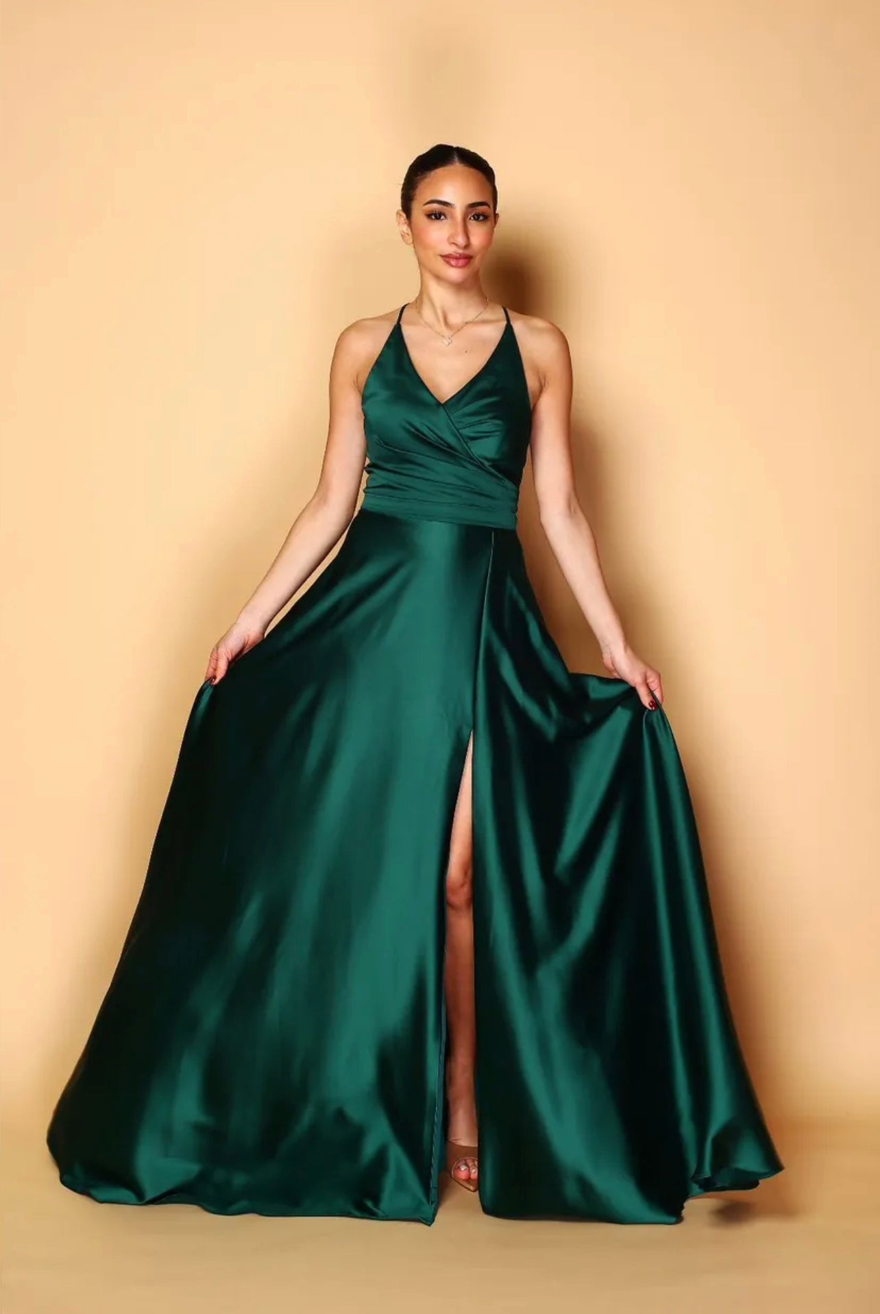 Ballkleid - Satin mit Schnürung und Schlitz, dunkelgrün - Dein Kleiderladen