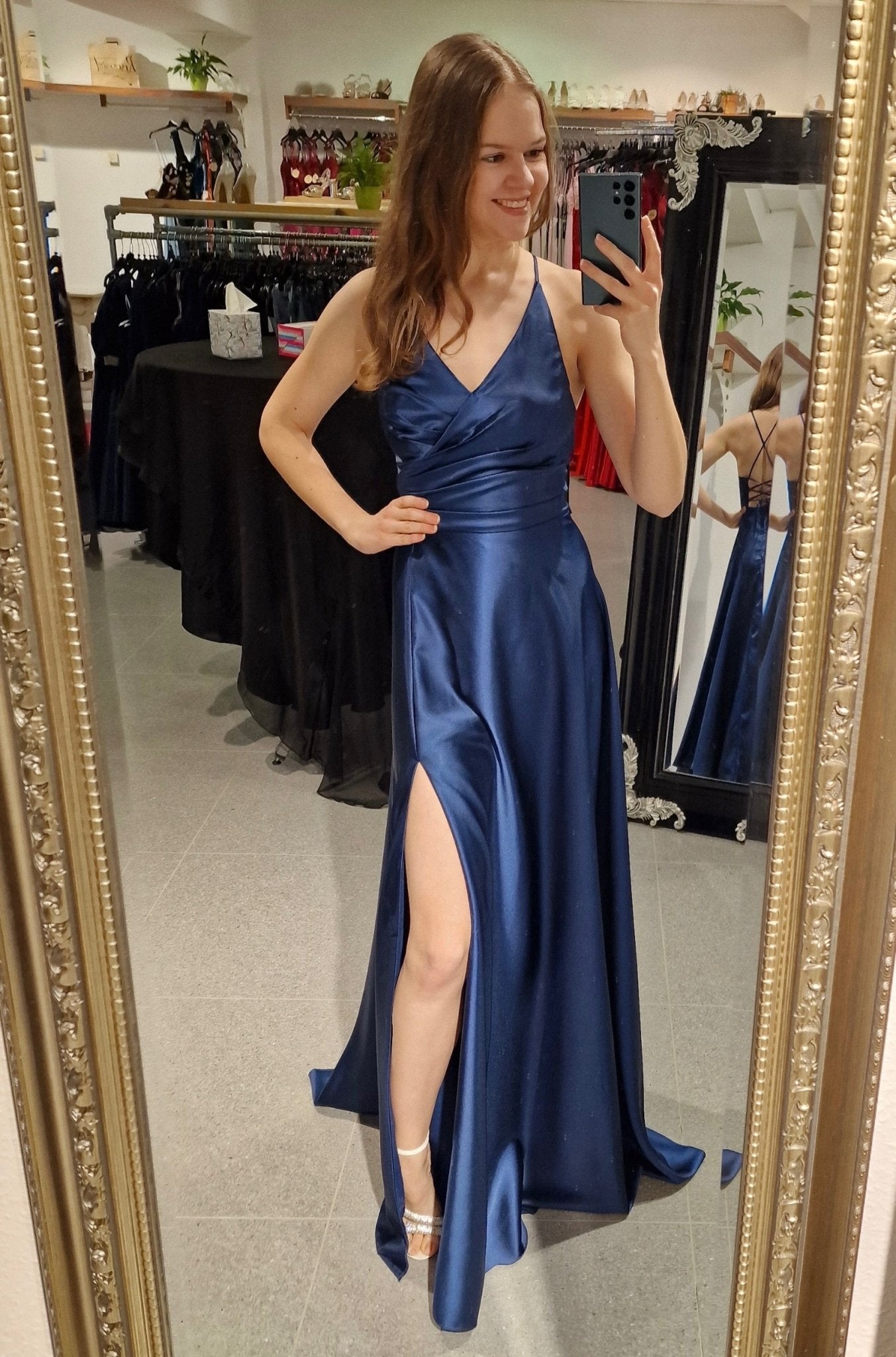 Ballkleid - Satin mit Schnürung und Schlitz, marineblau - Dein Kleiderladen