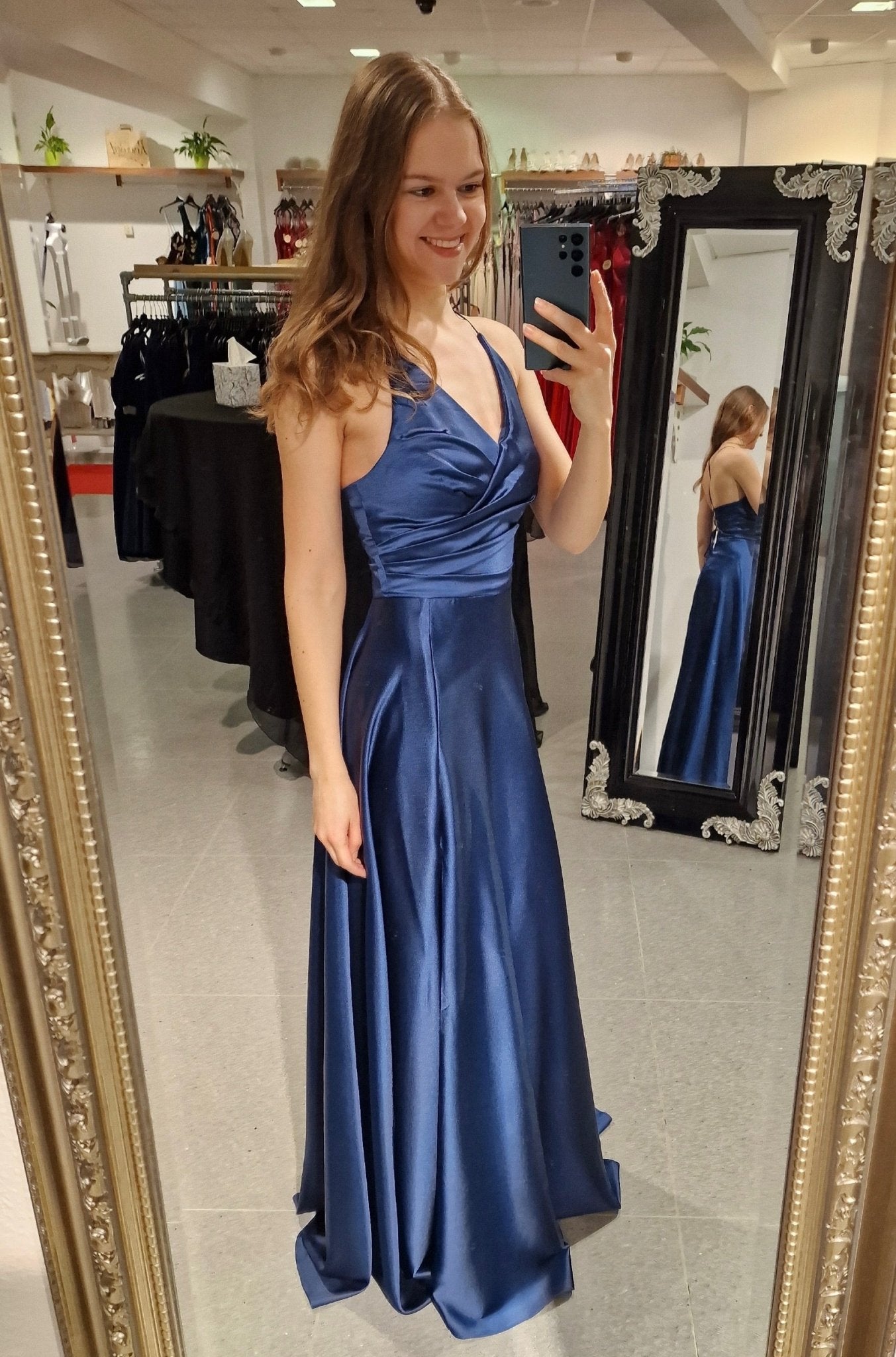 Ballkleid - Satin mit Schnürung und Schlitz, marineblau - Dein Kleiderladen