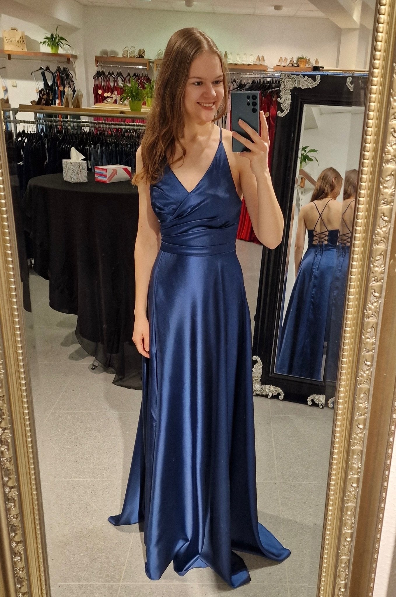 Ballkleid - Satin mit Schnürung und Schlitz, marineblau - Dein Kleiderladen