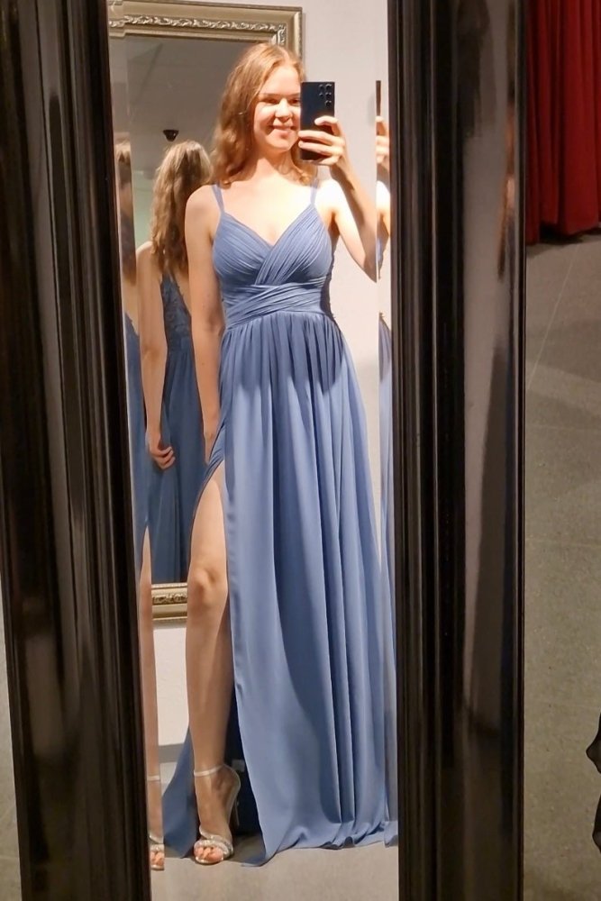 ﻿Besonderes langes schlichtes Kleid mit Schlitz und raffiniertem Rücken, graublau - Dein Kleiderladen