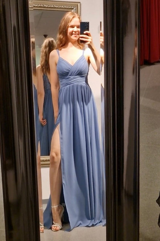 ﻿Besonderes langes schlichtes Kleid mit Schlitz und raffiniertem Rücken, graublau - Dein Kleiderladen