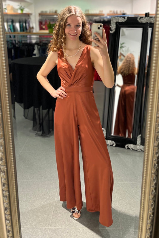 Besonders eleganter Satin-Jumpsuit terracotta - Dein Kleiderladen