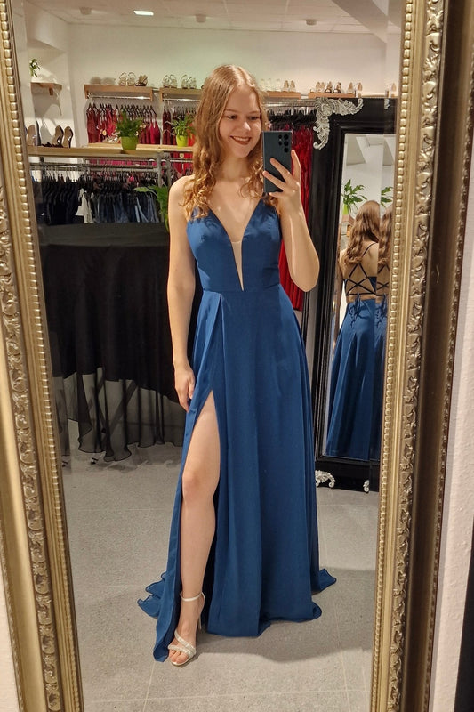 Besonders elegantes Chiffon Kleid mit Schnürung blau - Dein Kleiderladen