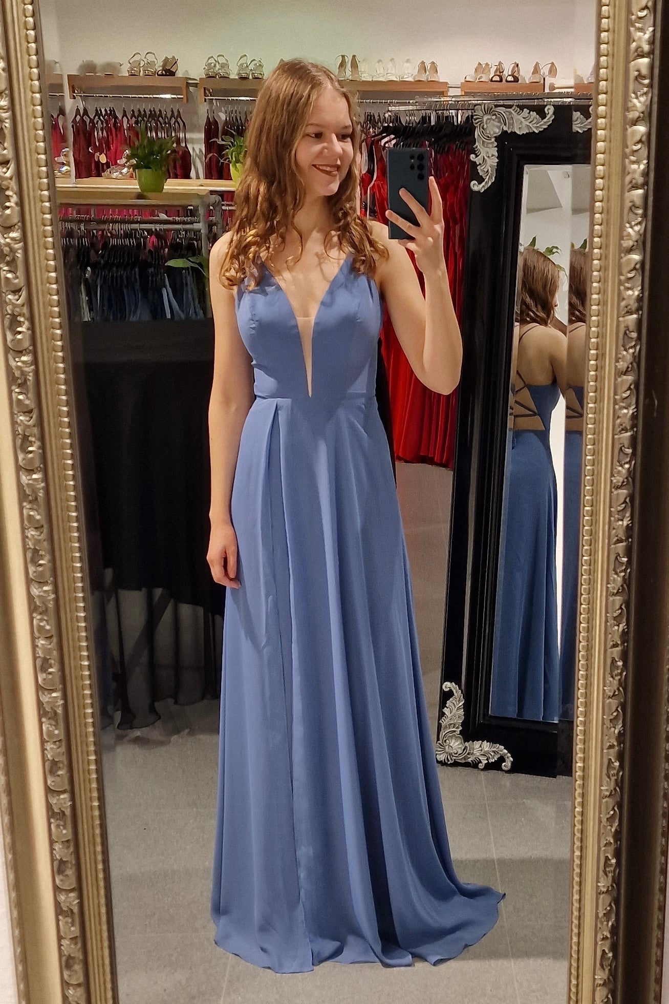 Besonders elegantes Chiffon Kleid mit Schnürung graublau - Dein Kleiderladen