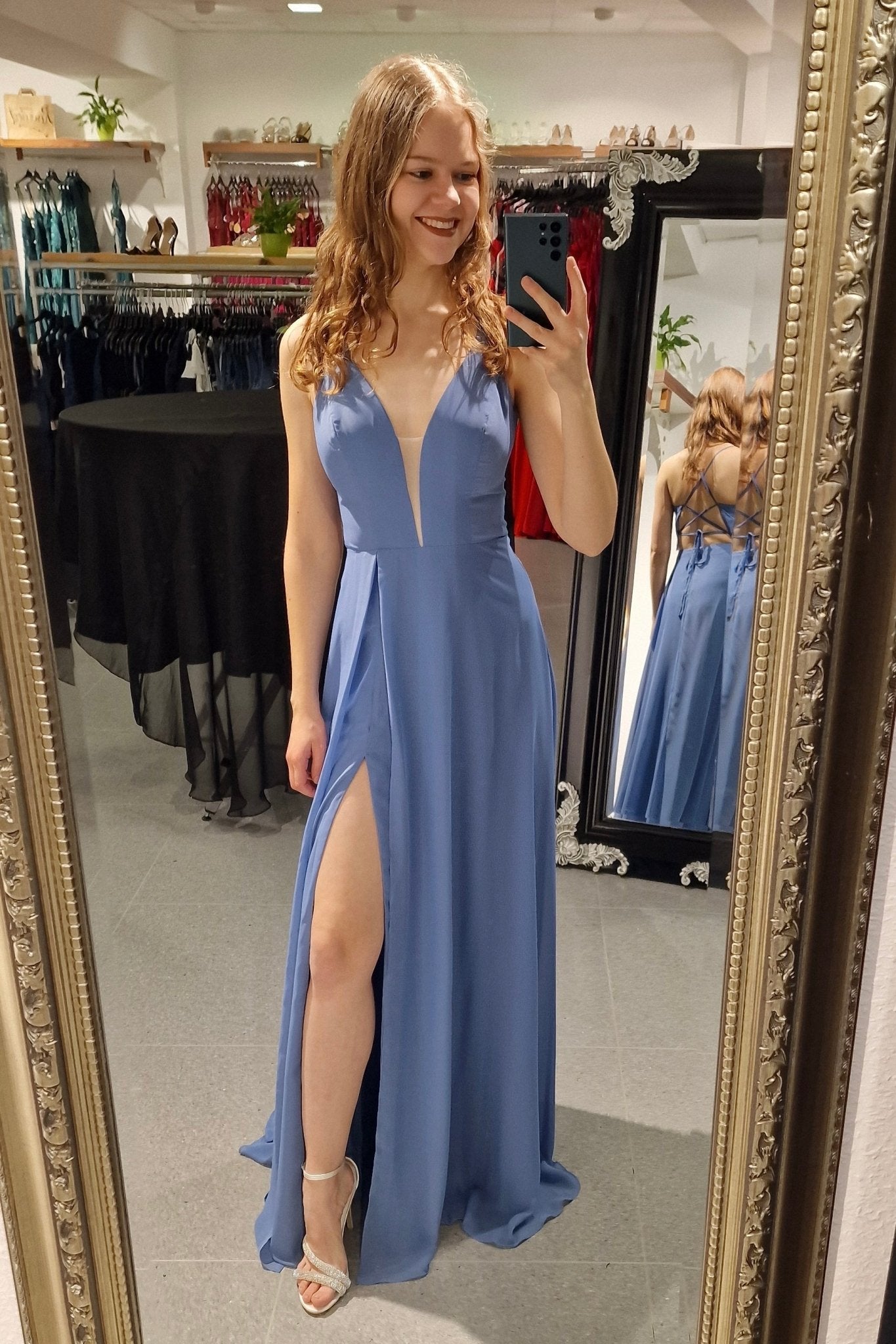 Besonders elegantes Chiffon Kleid mit Schnürung graublau - Dein Kleiderladen