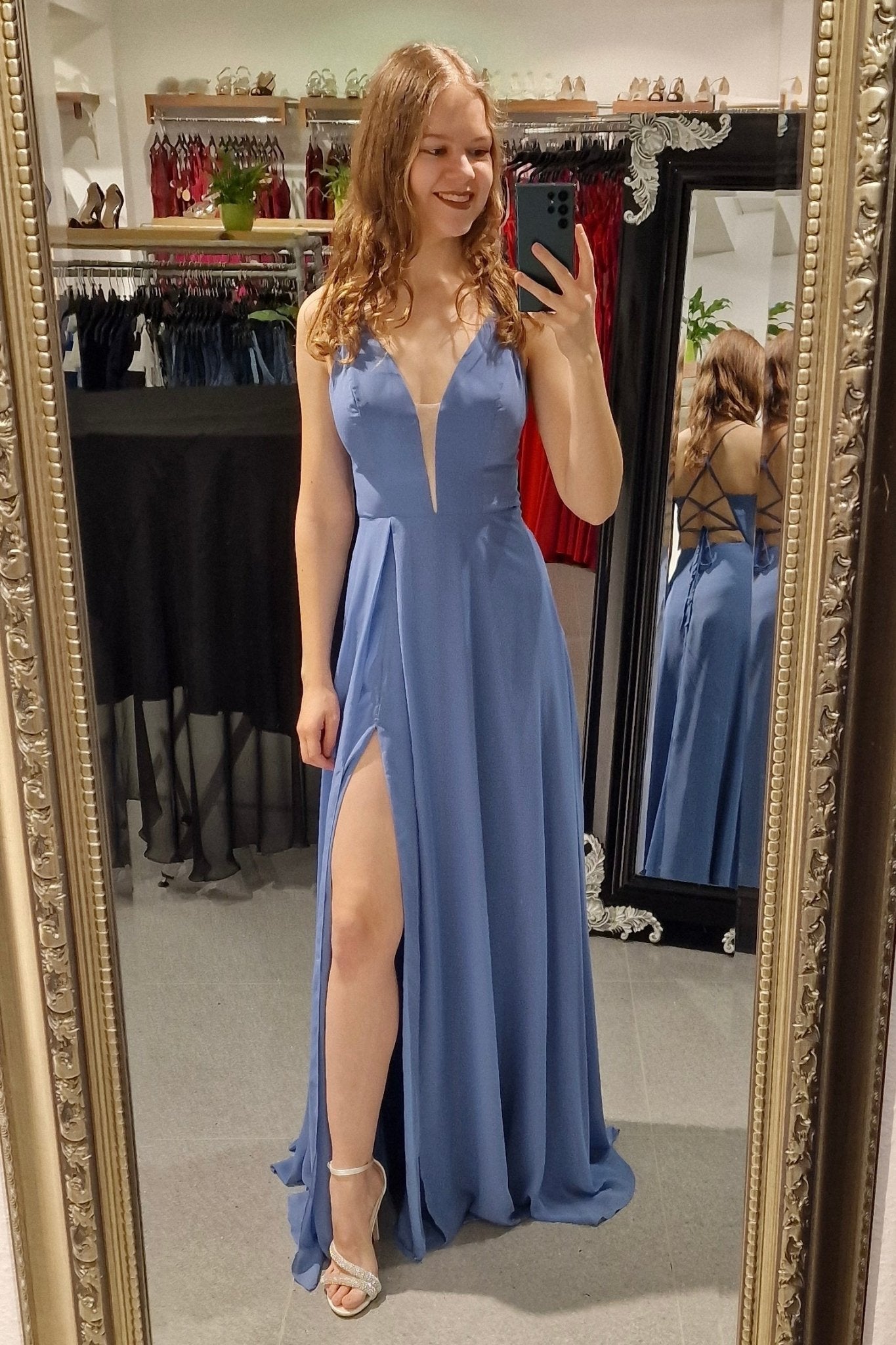 Besonders elegantes Chiffon Kleid mit Schnürung graublau - Dein Kleiderladen