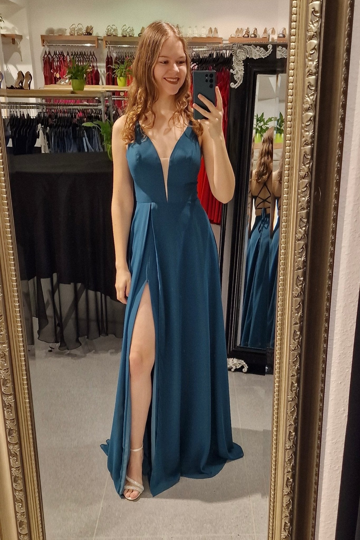 Besonders elegantes Chiffon Kleid mit Schnürung petrol - Dein Kleiderladen