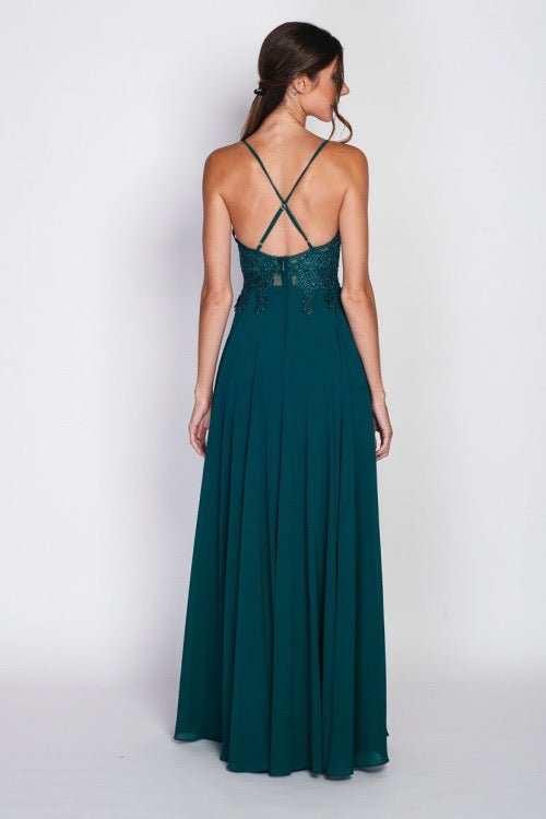 Bodenlanges dunkelgrünes Chiffon Kleid mit Spaghettiträgern und Spitze, dunkelgrün - Dein Kleiderladen