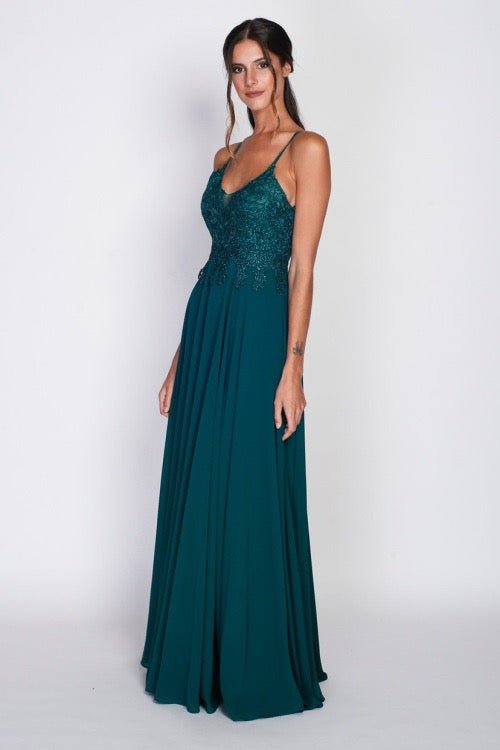 Bodenlanges dunkelgrünes Chiffon Kleid mit Spaghettiträgern und Spitze, dunkelgrün - Dein Kleiderladen