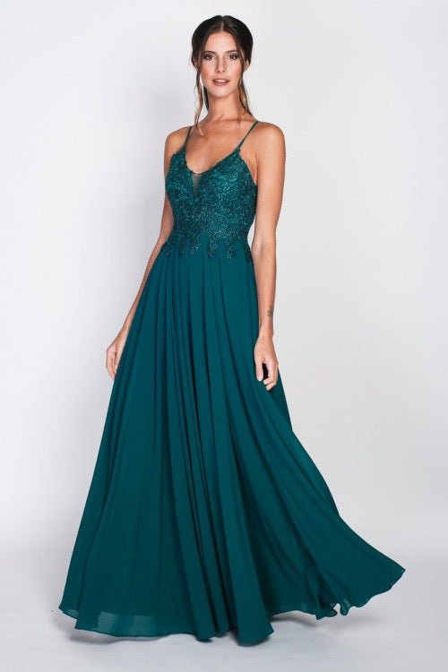 Bodenlanges dunkelgrünes Chiffon Kleid mit Spaghettiträgern und Spitze, dunkelgrün - Dein Kleiderladen