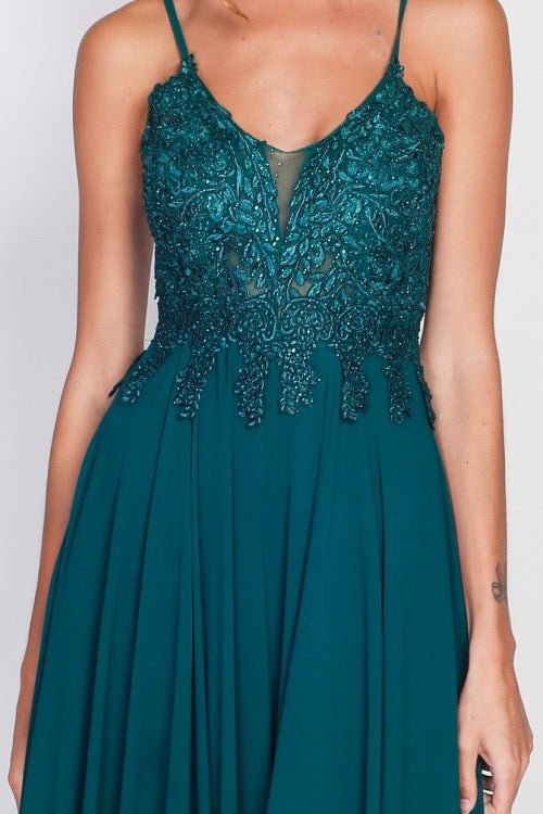 Bodenlanges dunkelgrünes Chiffon Kleid mit Spaghettiträgern und Spitze, dunkelgrün - Dein Kleiderladen
