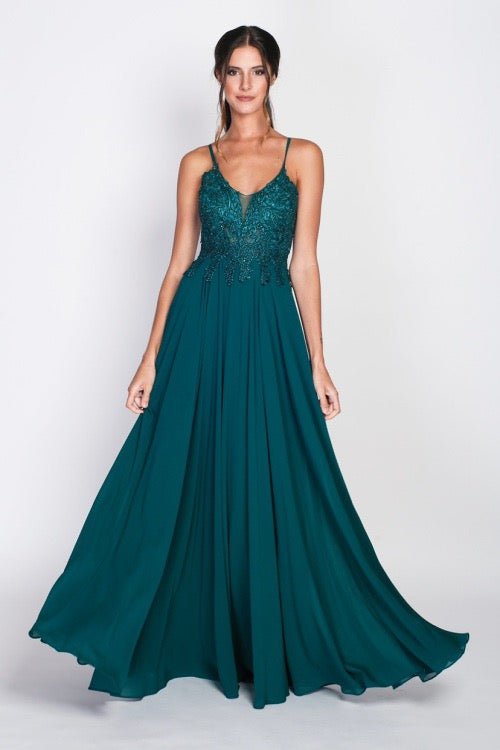 Bodenlanges dunkelgrünes Chiffon Kleid mit Spaghettiträgern und Spitze, dunkelgrün - Dein Kleiderladen