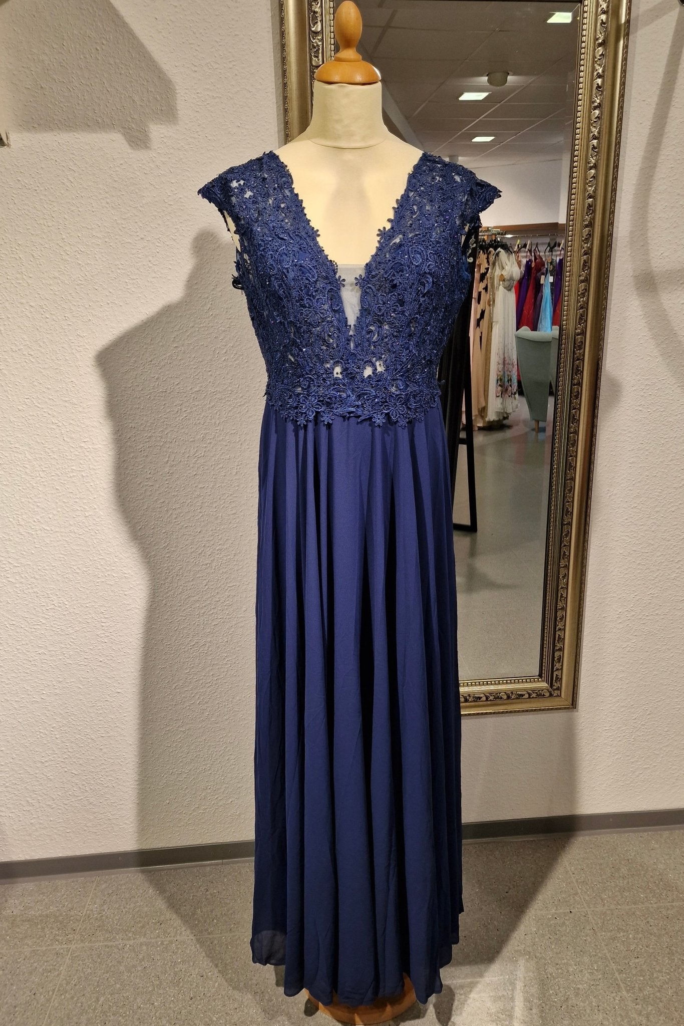 Langes Kleid mit breiten Trägern und dezent funkelnder Spitze, marineblau - Dein Kleiderladen