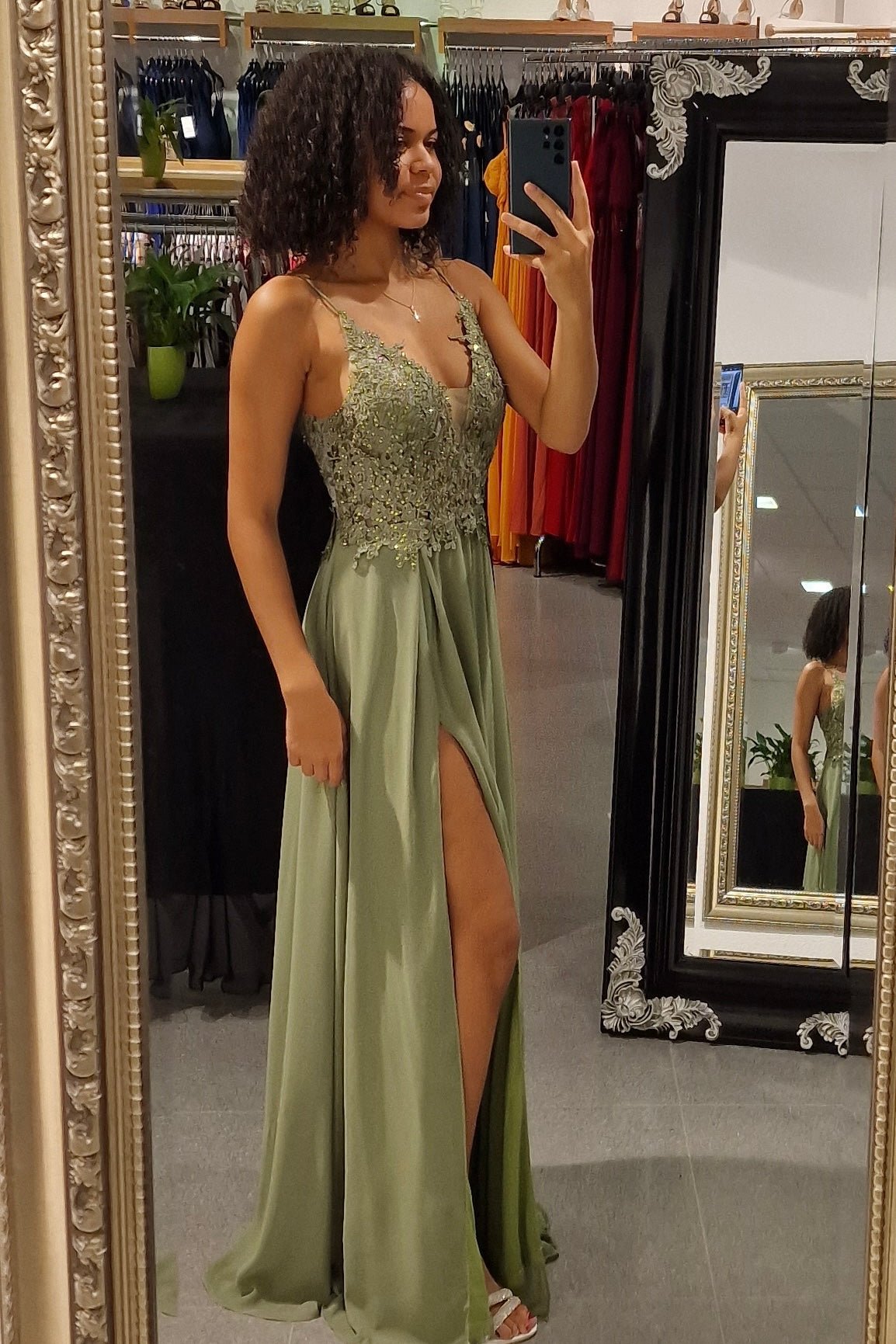 elegantes Ballkleid, oliv - Dein Kleiderladen
