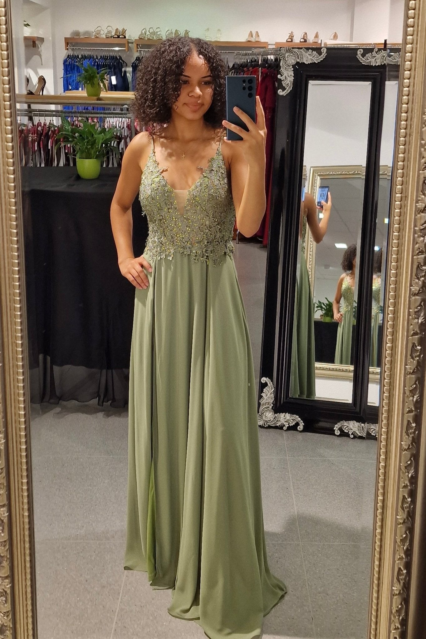 elegantes Ballkleid, oliv - Dein Kleiderladen