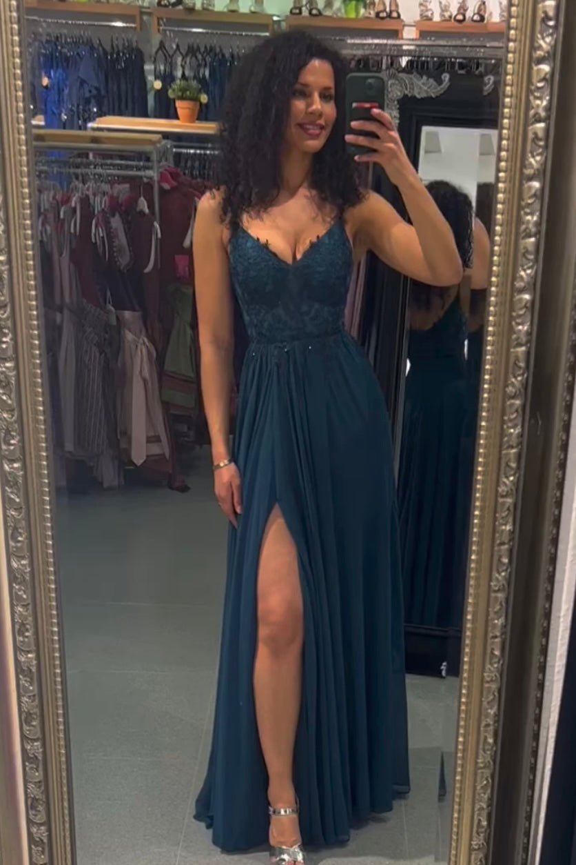 Ballkleid - Elegantes, langes Chiffonkleid mit feiner Spitze, petrol - Dein Kleiderladen