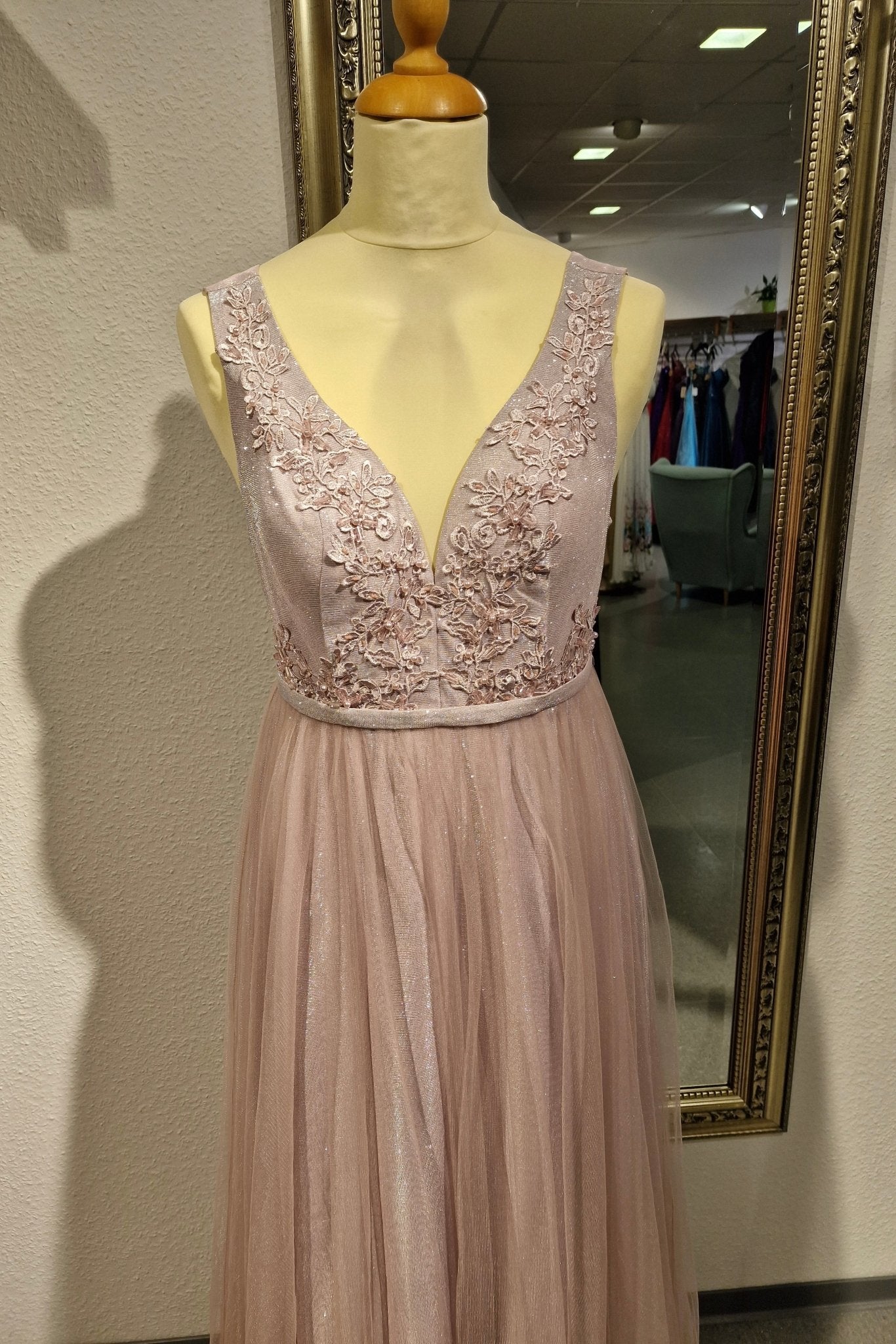 Funkelndes langes Tüllkleid floralen Bestickungen, altrosa - Dein Kleiderladen