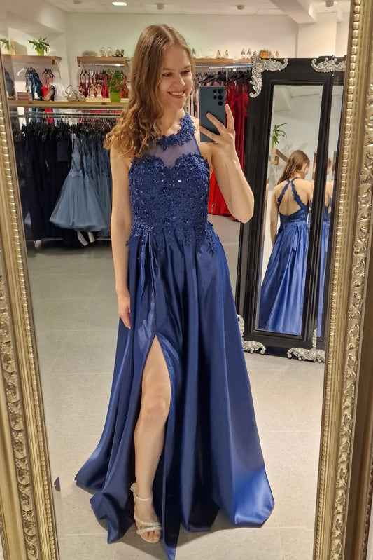 hochgeschlossenes Abendkleid, marineblau - Dein Kleiderladen