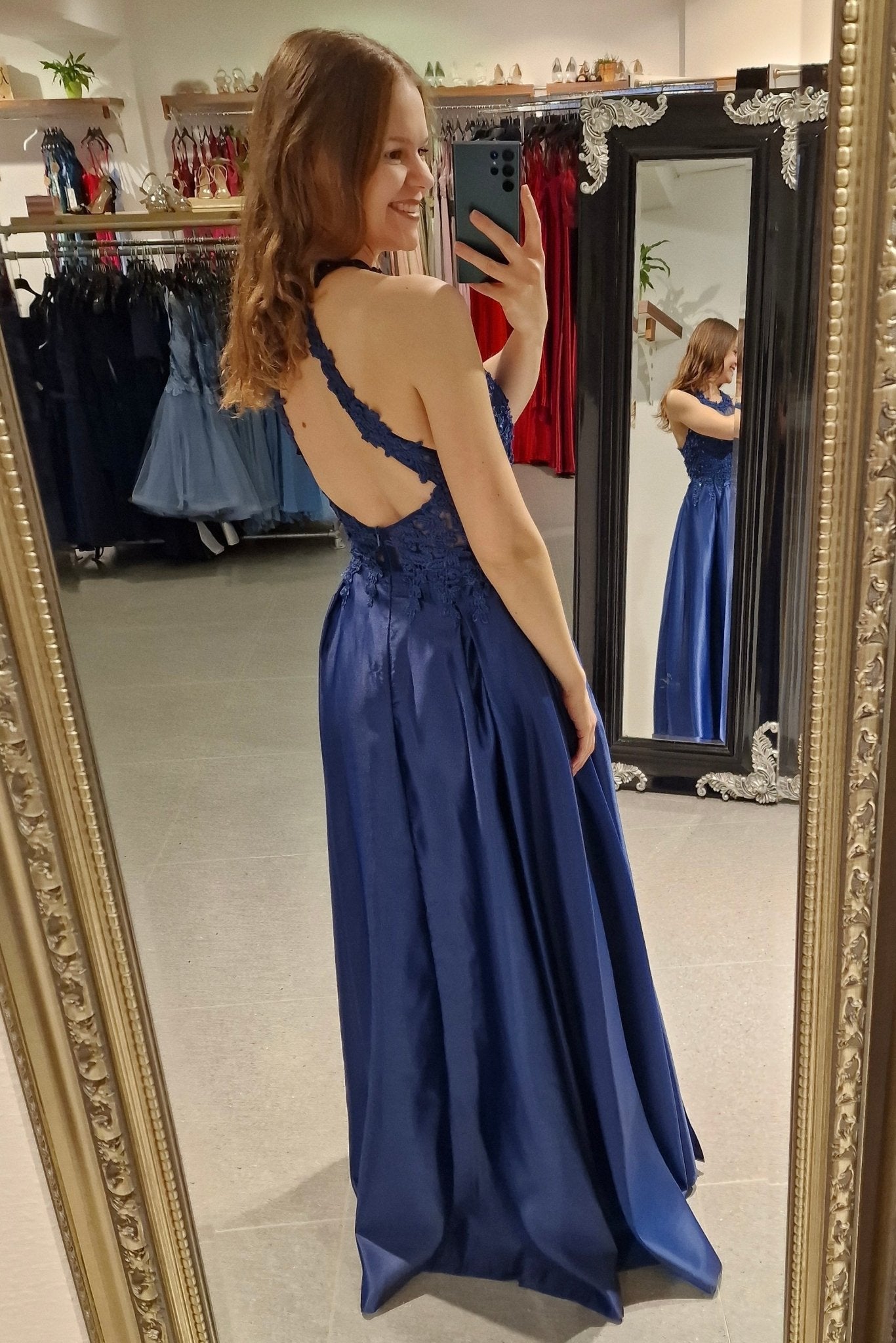 hochgeschlossenes Abendkleid, marineblau - Dein Kleiderladen