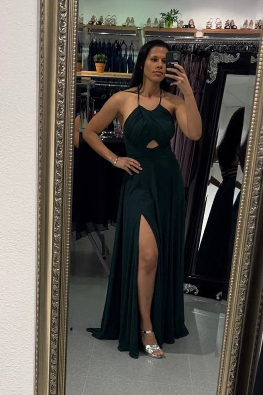 hochgeschlossenes Ballkleid mit Schnürung und Schlitz, waldgrün - Dein Kleiderladen - Dein Kleiderladen