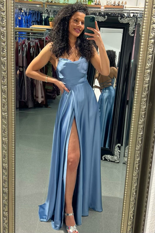 Ballkleid - Satin mit Schnürung, Schlitz und Wasserfallausschnitt, graublau - Dein Kleiderladen