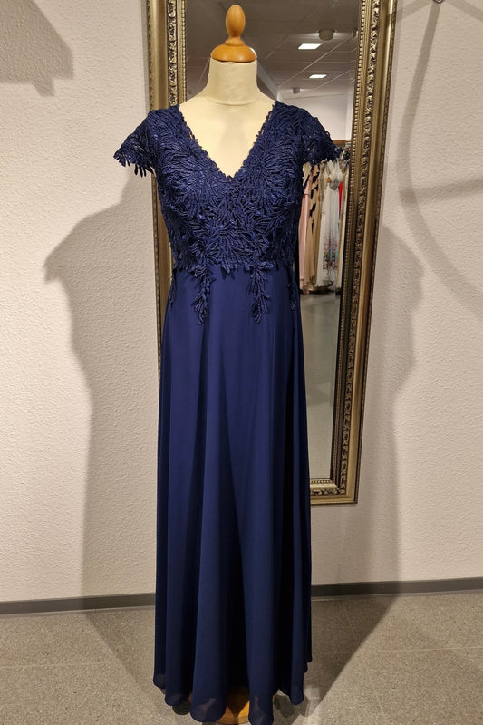 Langes Kleid mit Spitze und kurzen Ärmeln, marineblau - Dein Kleiderladen