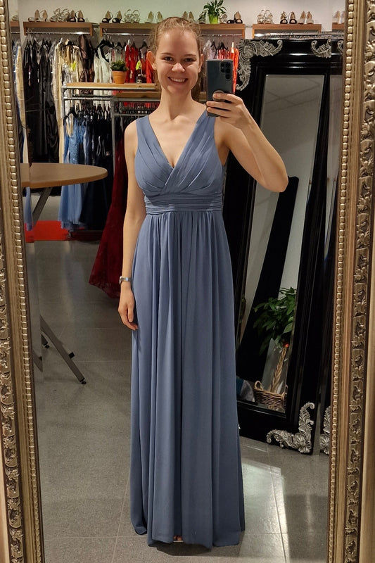 Ballkleid - schlichtes Kleid mit Schlitz, graublau - Dein Kleiderladen