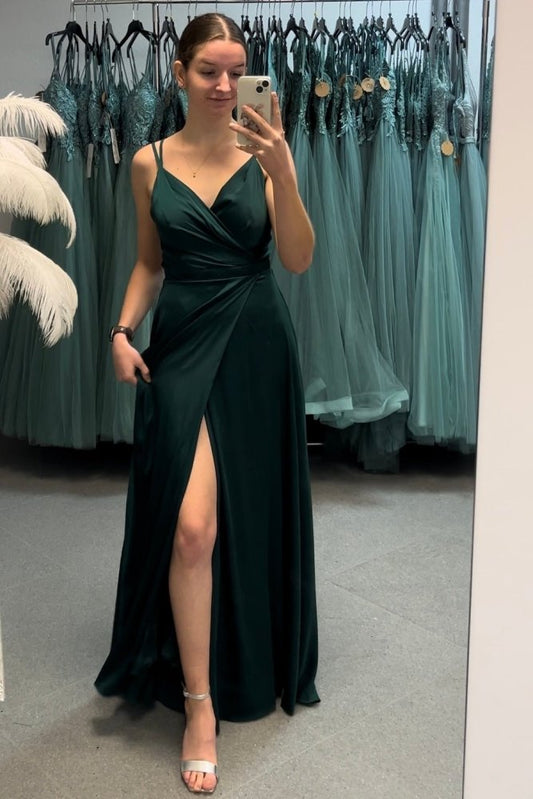 Langes schlichtes Satinkleid mit V - Ausschnitt, dunkelgrün - Dein Kleiderladen