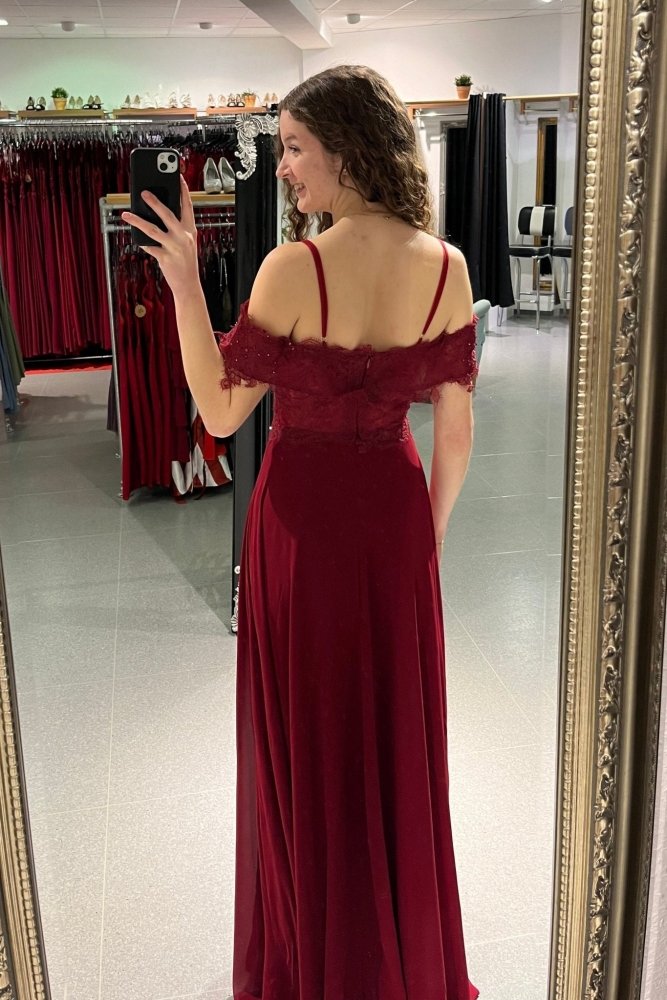 Schulterfreies Abendkleid mit Spitze, dunkelrot - Dein Kleiderladen