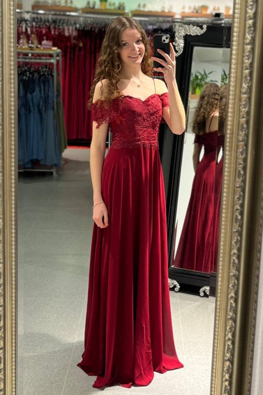 Schulterfreies Abendkleid mit Spitze, dunkelrot - Dein Kleiderladen